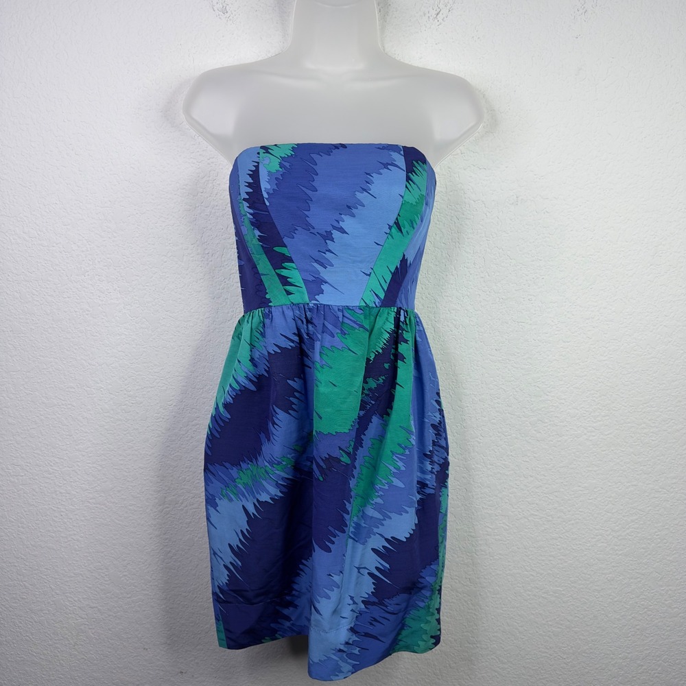 Shoshanna Dress Women 0 Blue Green Silk Cotton Abstract Strapless Artsy Cocktail